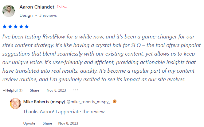 Client Feedback about RivalFlow Ai on ProductHunt-1