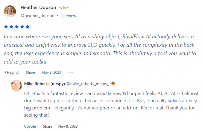 Client Feedback about RivalFlow Ai on ProductHunt-2