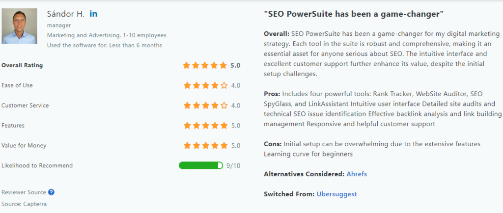 SEO PowerSuite Customer Review on capterra