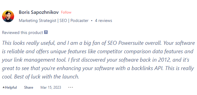 SEO PowerSuite Customer Review on producthunt