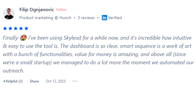 Skylead customer feedback at ProductHunt