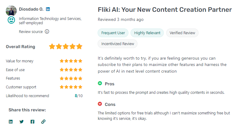 Customer Review about Fliki Ai-4