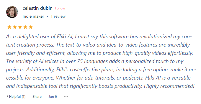 Customer Review about Fliki Ai-6