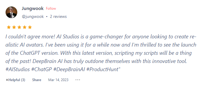 Customer review about DeepBrain Ai on Product Hunt