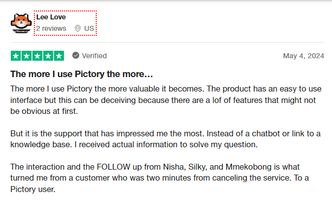 pictory ai customer review on Trustpilot