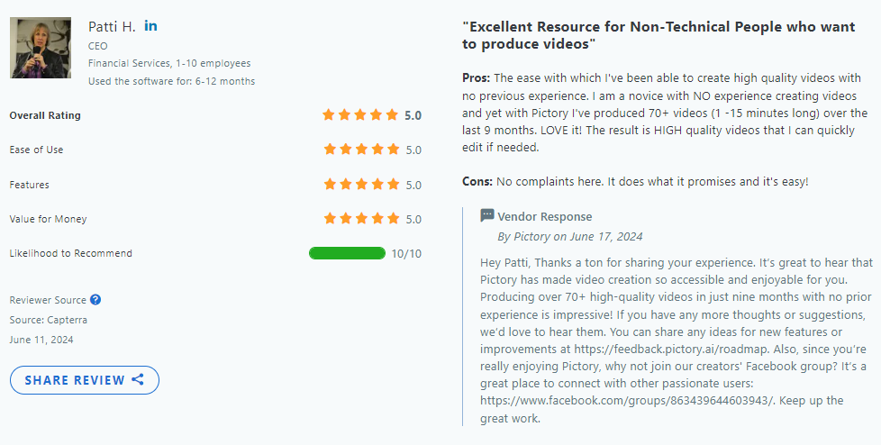 pictory ai customer review on capterra