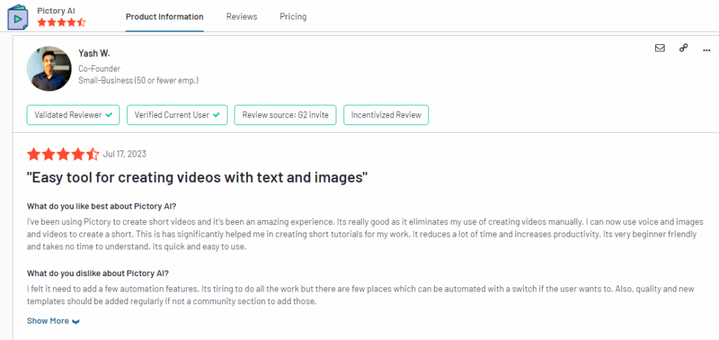 pictory ai customer review on g2